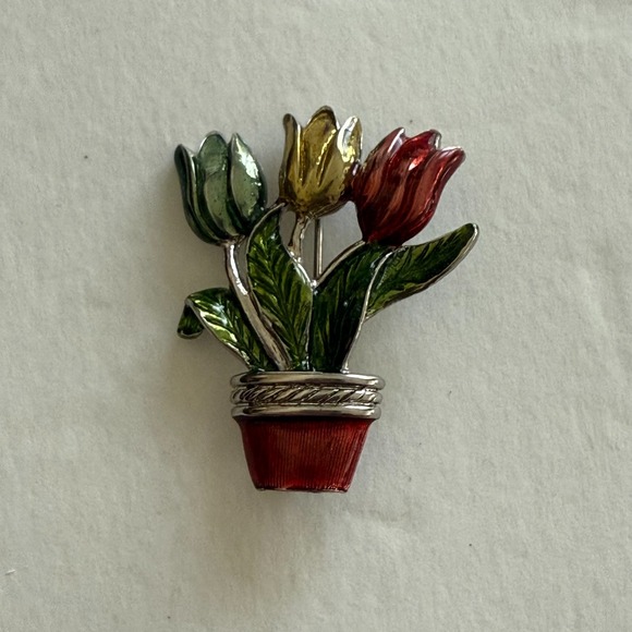 Jewelry - Tulip Flowers Pot Pin Brooch Jewelry Plant 1.75"